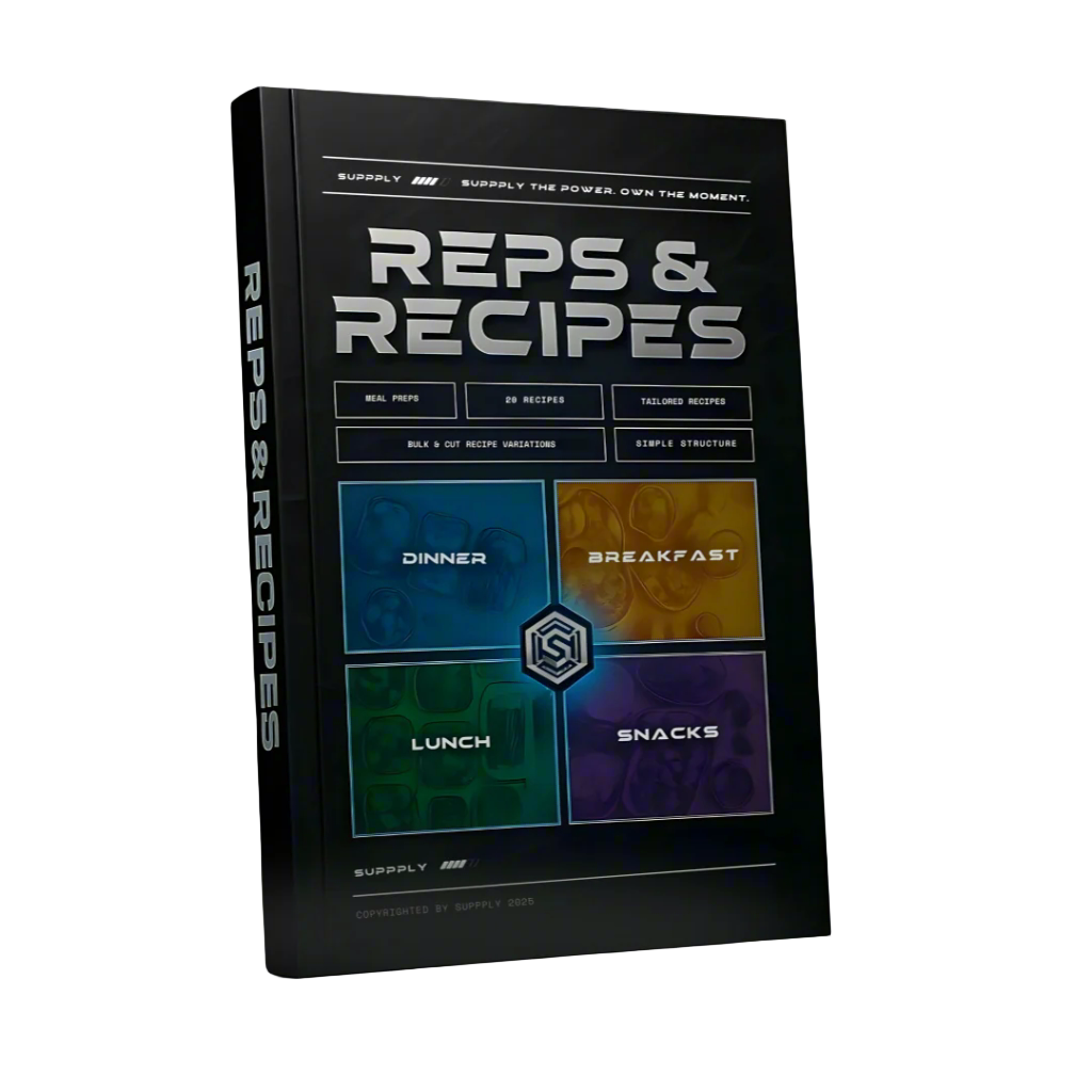 Book titled 'Reps & Recipes' with color-coded sections on a white background