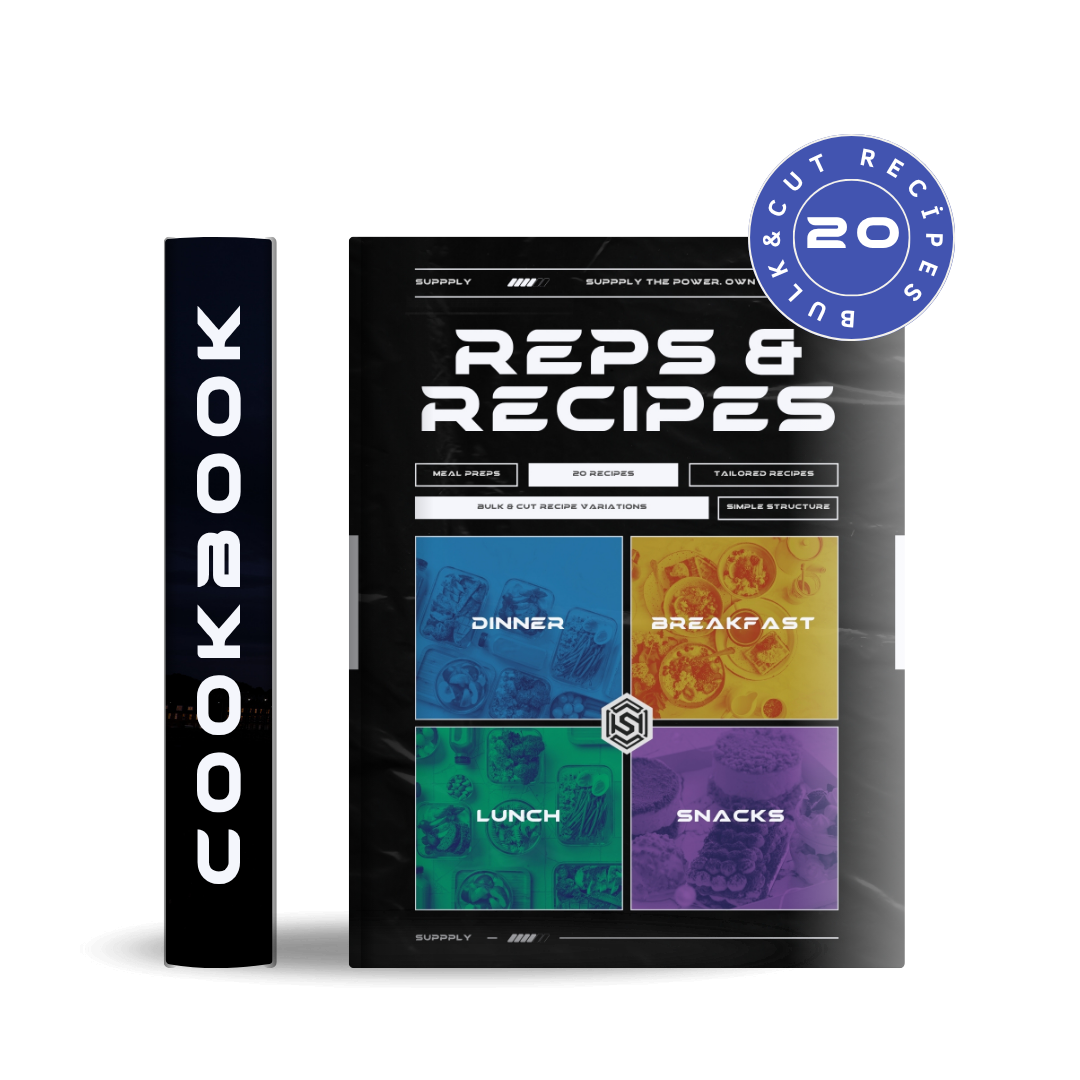 EN - Cover of Suppply® Reps & Recipes e-cookbook featuring high-protein recipes for cutting and bulking fitness goals.