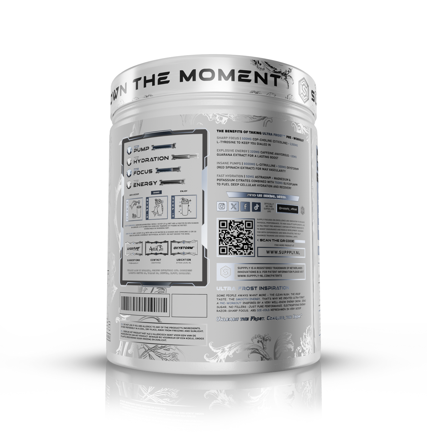 Suppply® | Back of Ultra Frost pre-workout jar usage instructions, social media and main benefits.