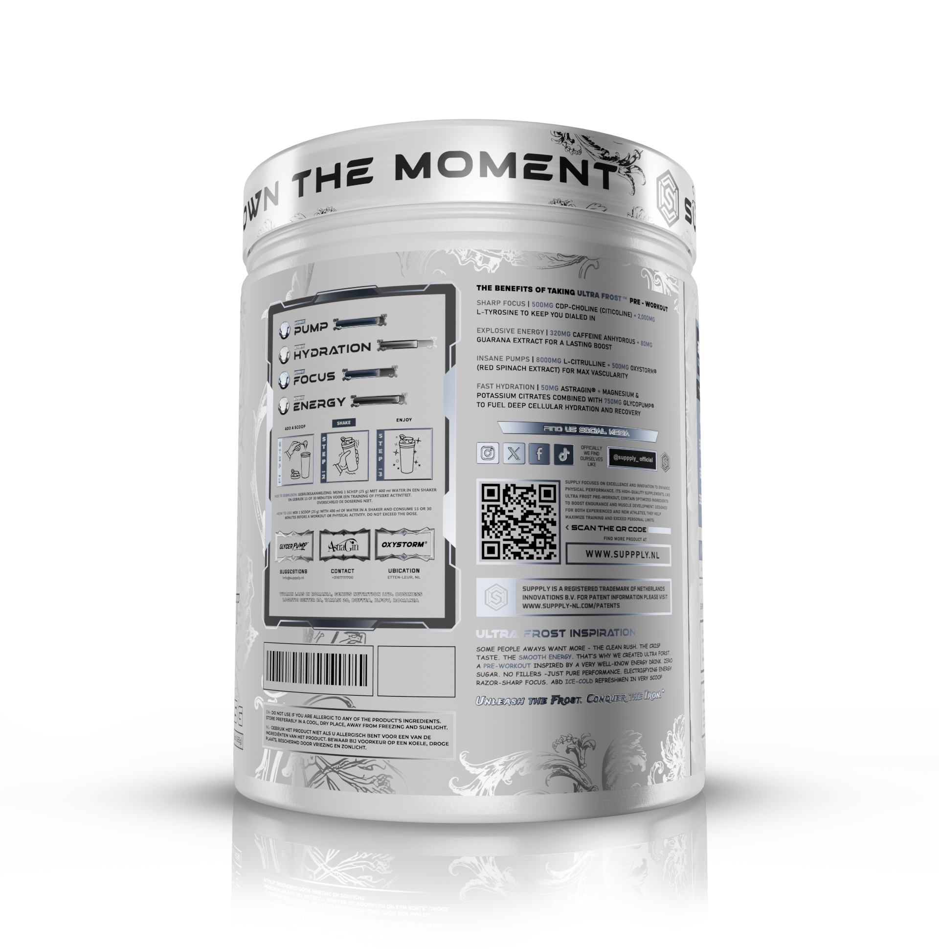 Suppply® | Back of Ultra Frost pre-workout jar usage instructions, social media and main benefits.