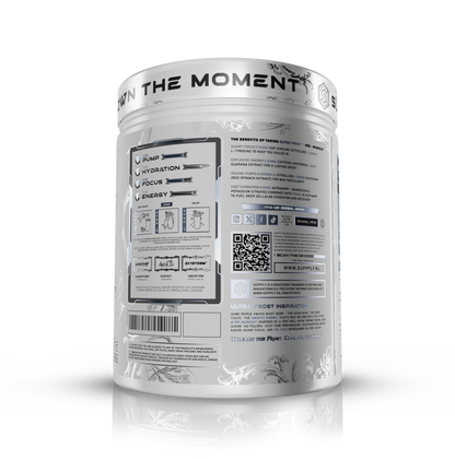 Suppply® | Back of Ultra Frost pre-workout jar usage instructions, social media and main benefits.