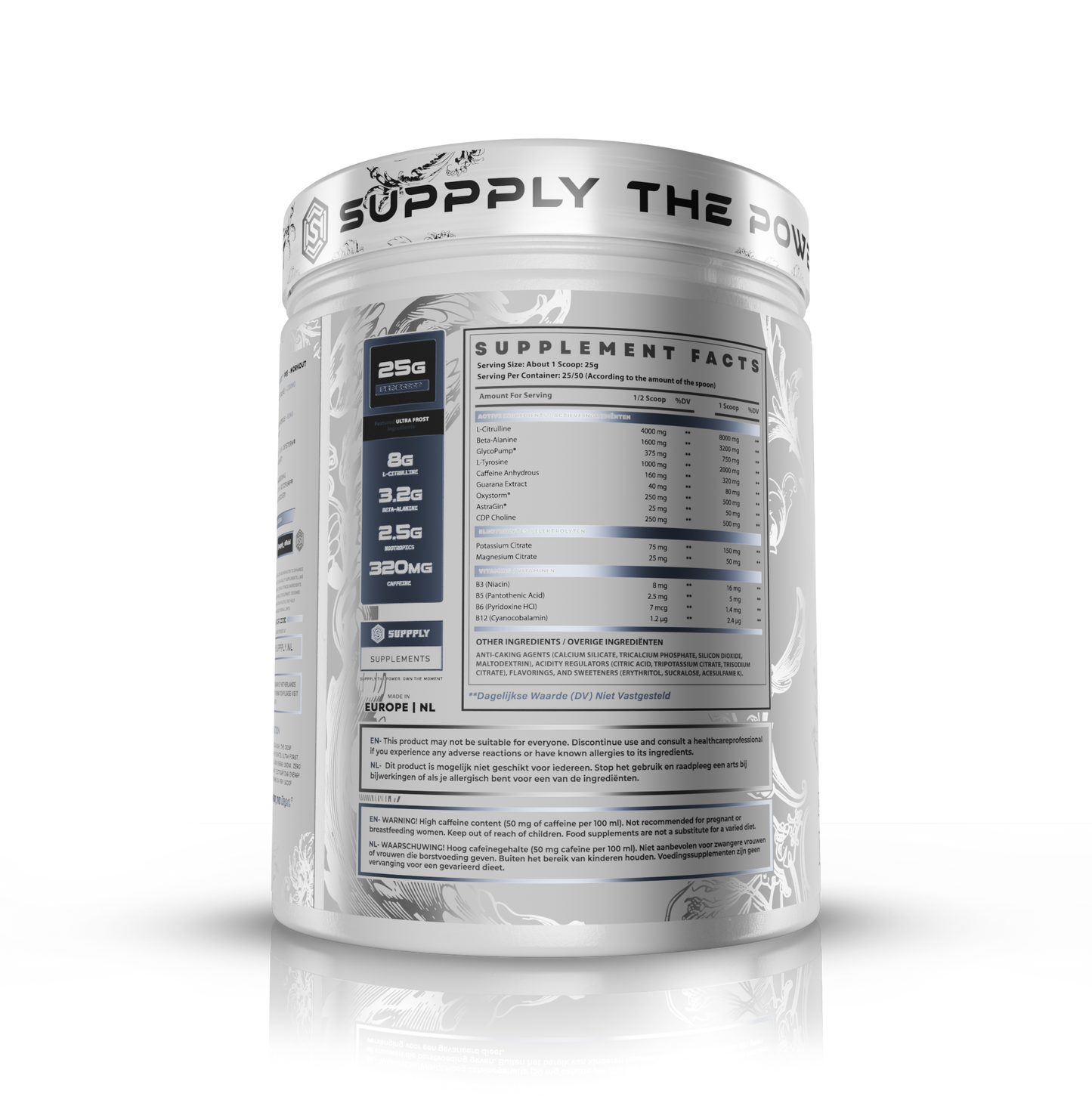 Suppply® | Close-up of Ultra Frost supplement facts panel and warning label with detailed nutritional and safety information