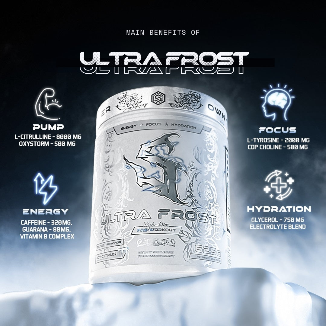 Ultra Frost supplement container with benefits listed on a dark background