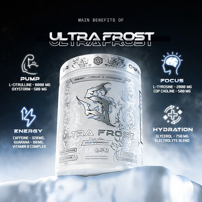 Ultra Frost supplement container with benefits listed on a dark background