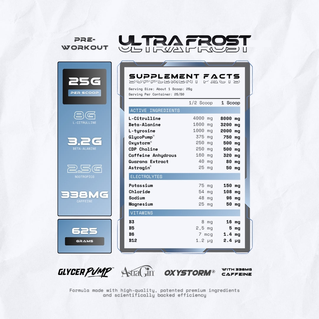 Supplement facts label for Ultra Frost pre-workout on a white background