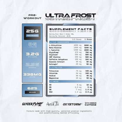 Supplement facts label for Ultra Frost pre-workout on a white background