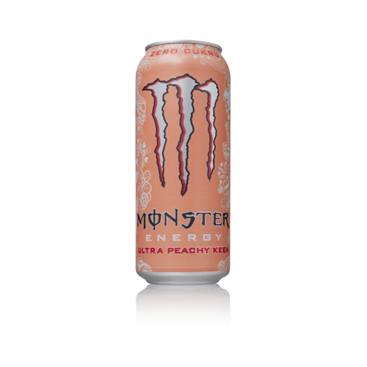 Can of Monster Energy Ultra Peachy Keen with a peach flavored sugar free formula and retro peach colored design, available at Suppply.