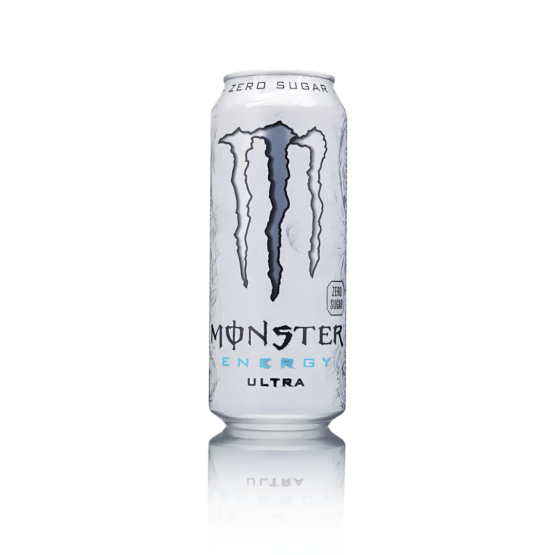 Can of Monster Energy Ultra White – sugar-free energy drink with a crisp citrus flavor and clean white design.