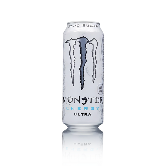 Can of Monster Energy Ultra White – sugar-free energy drink with a crisp citrus flavor and clean white design.